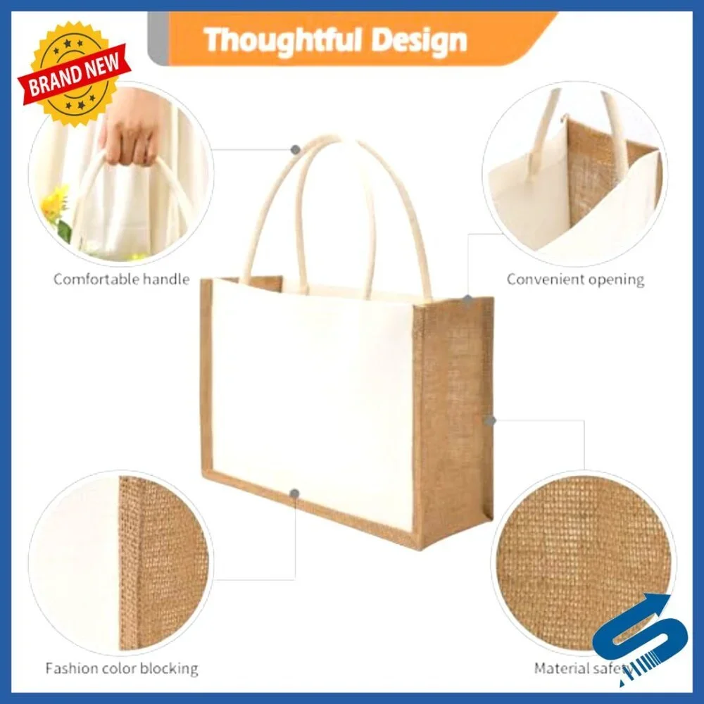 Burlap Jute Tote Bags Reusable Water Resistant Beach Grocery DIY Blank Canvas